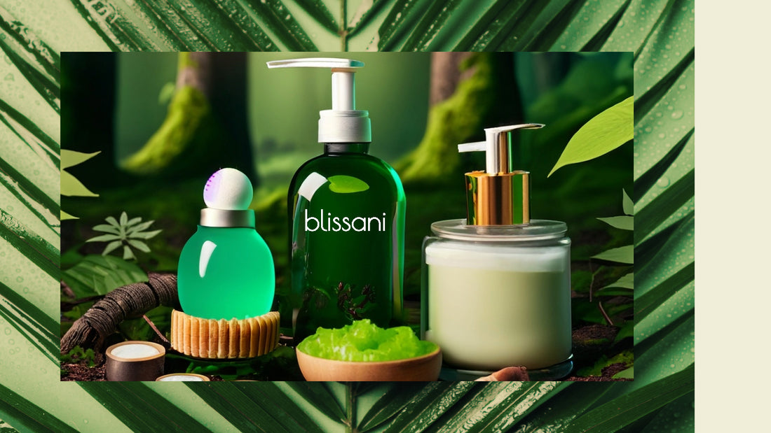 three bottles of vegan skincare essentials with the blissani logo in a green forest