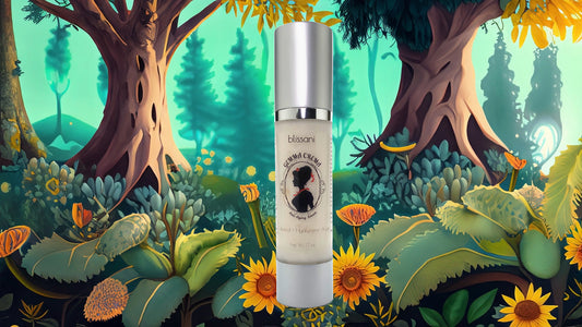 A vegan skincare product named Gemma Crema in a magical forest of jojoba, aloe and sunflowers