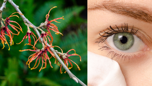 witch hazel next to a woman wiping toner under her eye